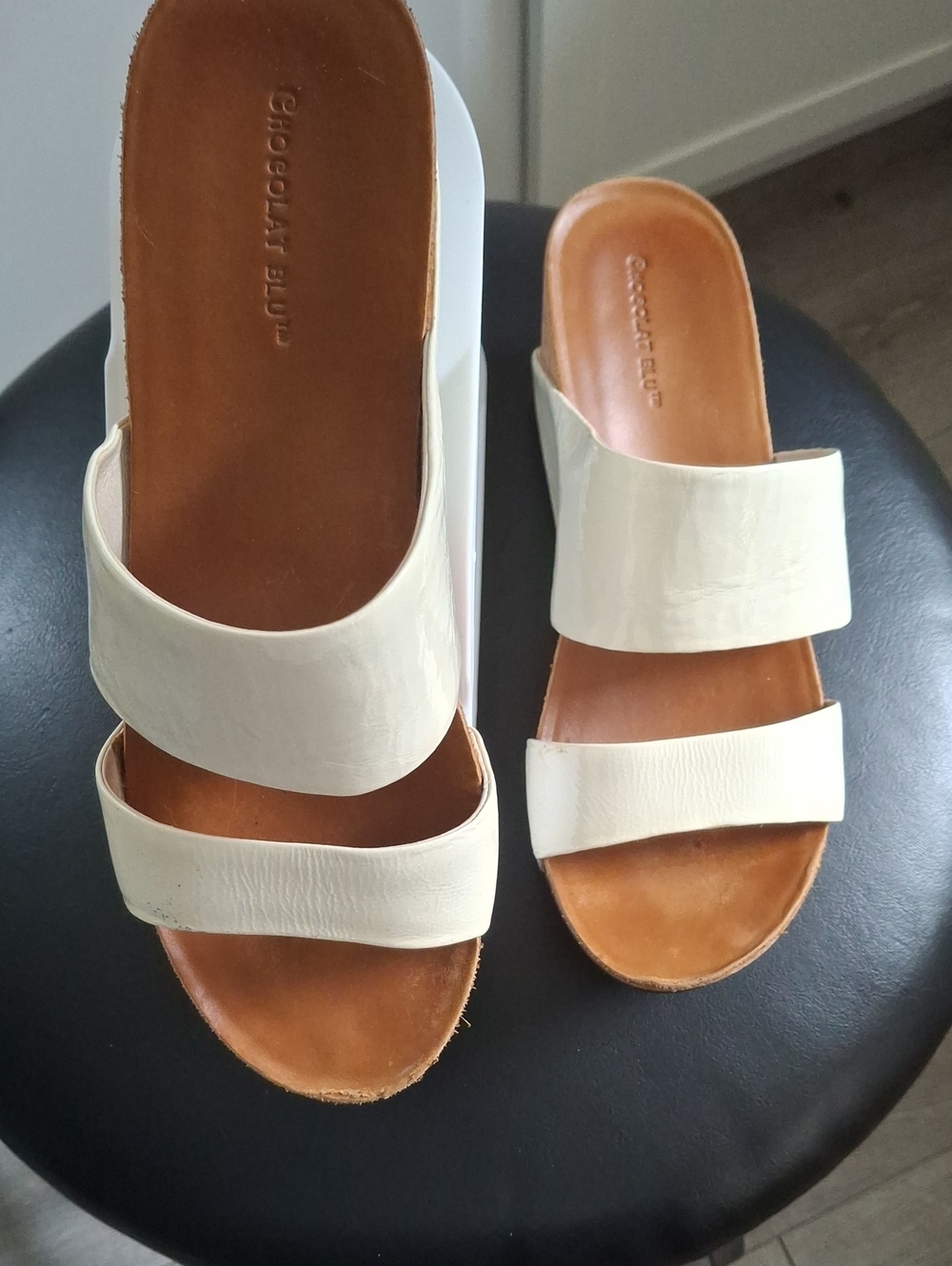 Chocolat Blu Cream Double-Strap Slide Sandals